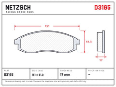 NETZSCH D3165 brake pad drawing, 17 mm thick