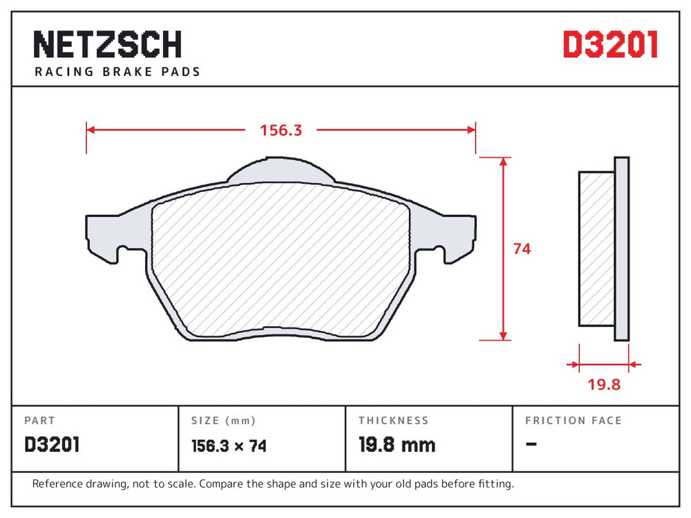 NETZSCH D3201 brake pad drawing, 19.8 mm thick