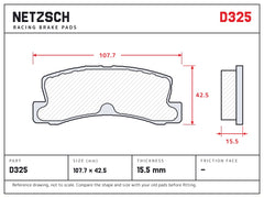NETZSCH D325 brake pad drawing, 15.5 mm thick