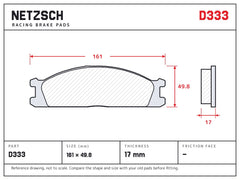 NETZSCH D333 brake pad drawing, 17 mm thick