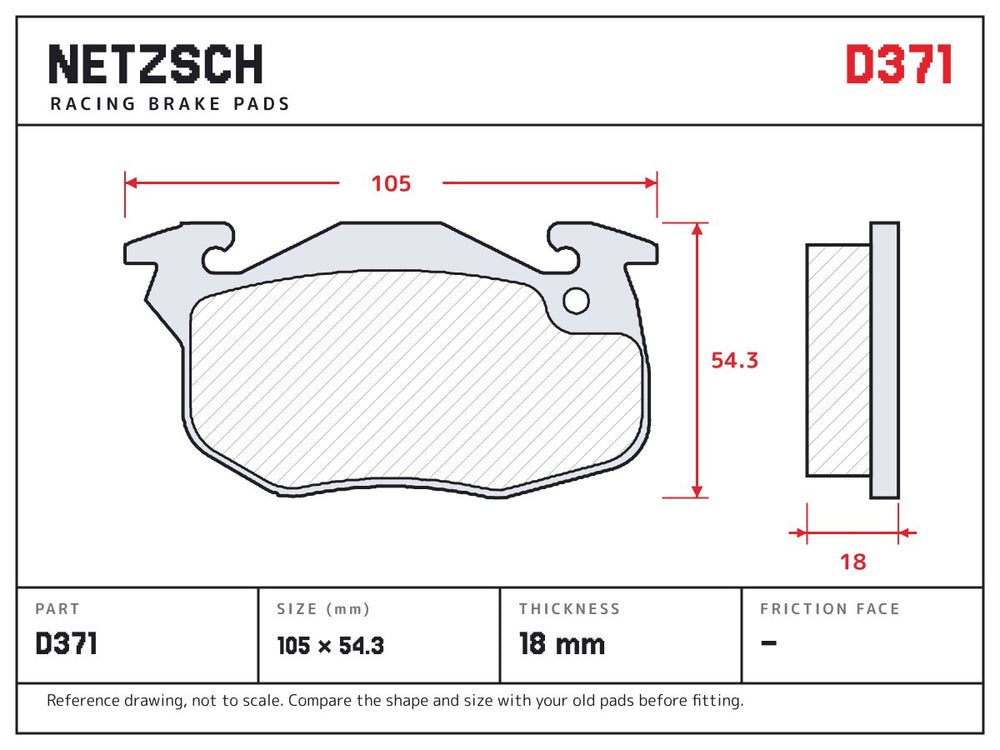 NETZSCH D371 brake pad drawing, 18 mm thick