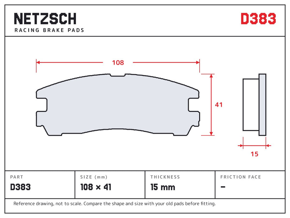 NETZSCH D383 brake pad drawing, 15 mm thick