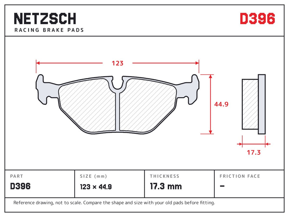 NETZSCH D396 brake pad drawing, 17.3 mm thick