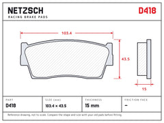 NETZSCH D418 brake pad drawing, 15 mm thick