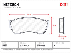 NETZSCH D451 brake pad drawing, 14.9 mm thick