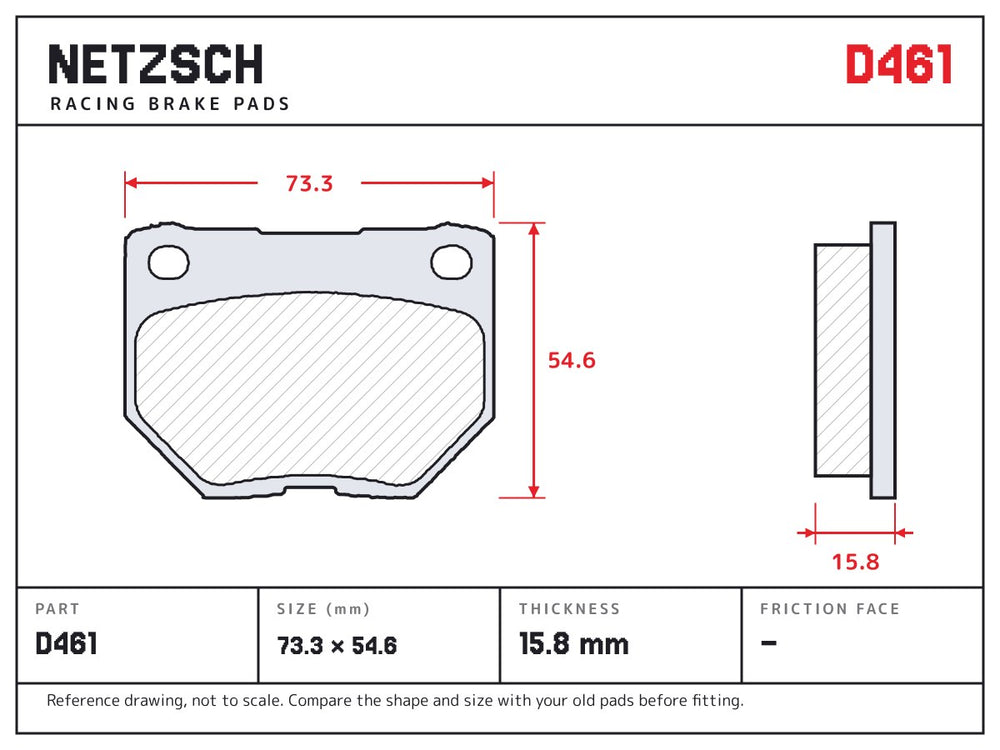 NETZSCH D461 brake pad drawing, 15.8 mm thick