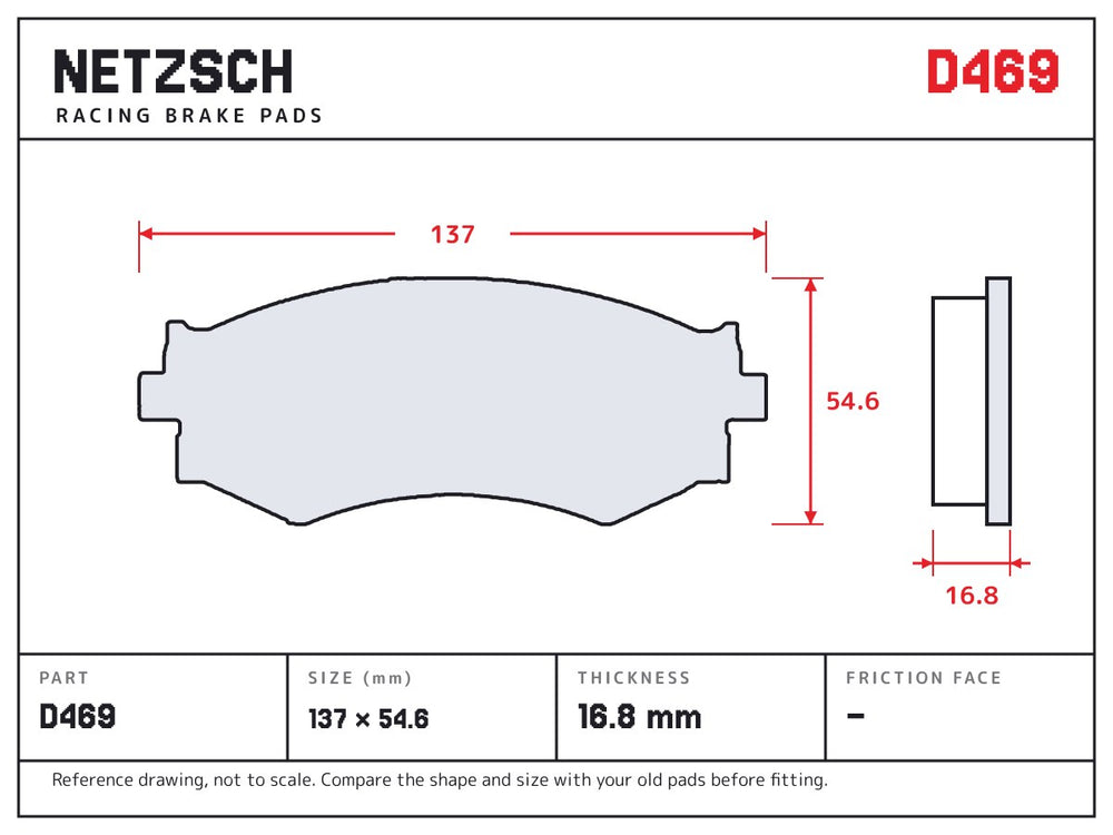 NETZSCH D469 brake pad drawing, 16.8 mm thick