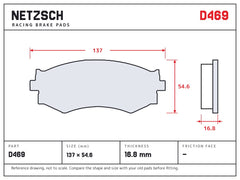 NETZSCH D469 brake pad drawing, 16.8 mm thick
