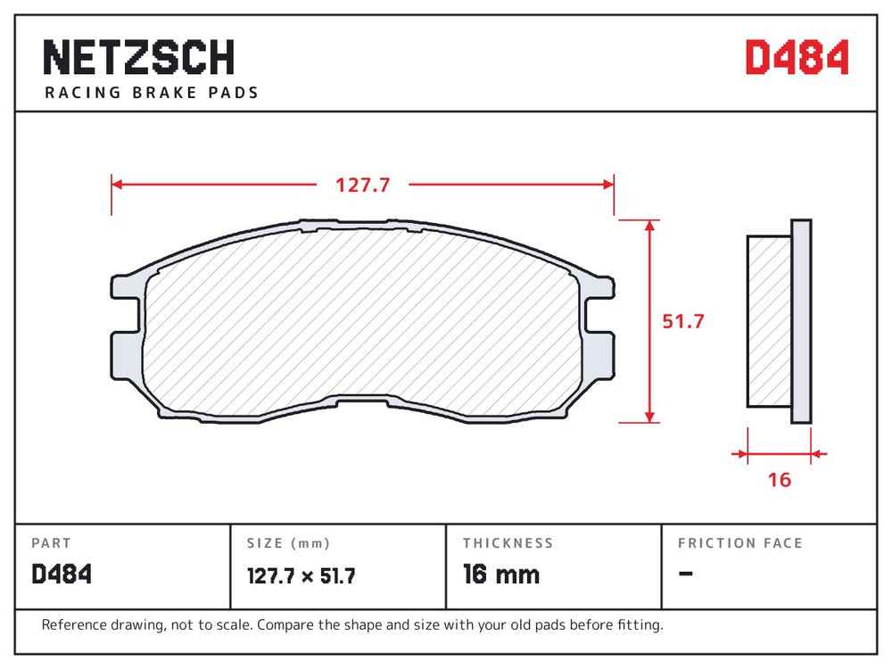 NETZSCH D484 brake pad drawing, 16 mm thick
