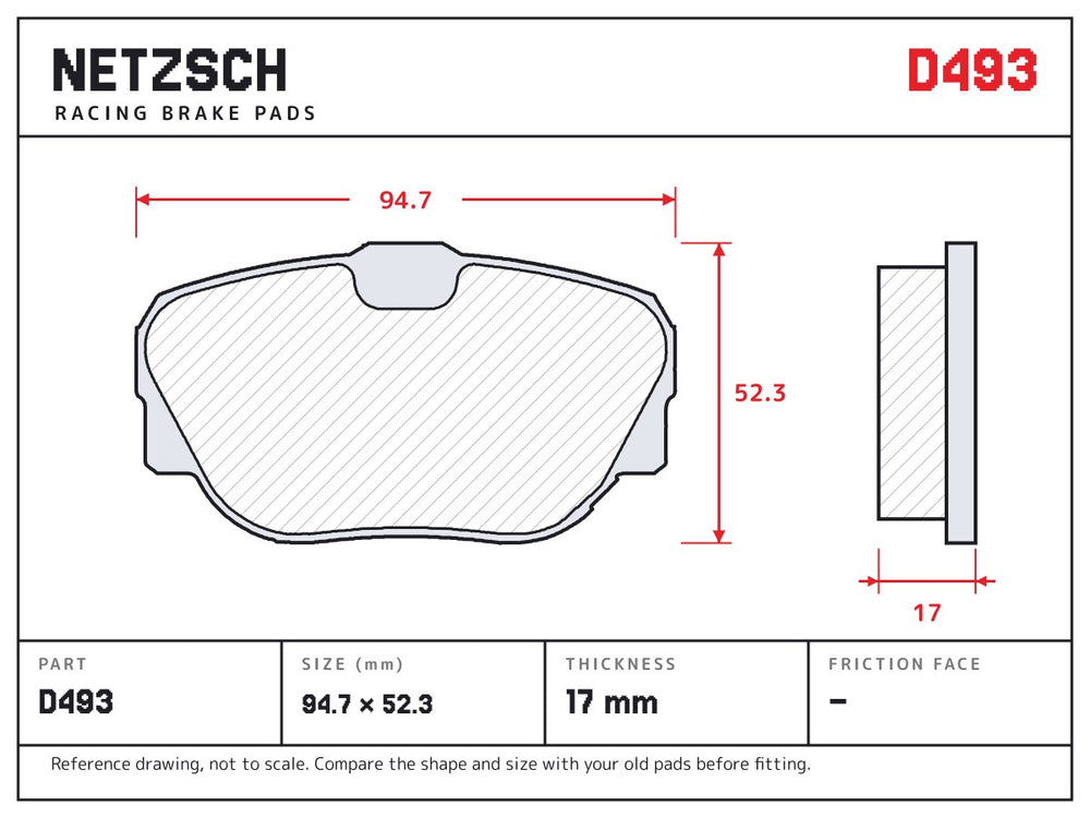 NETZSCH D493 brake pad drawing, 17 mm thick