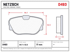 NETZSCH D493 brake pad drawing, 17 mm thick