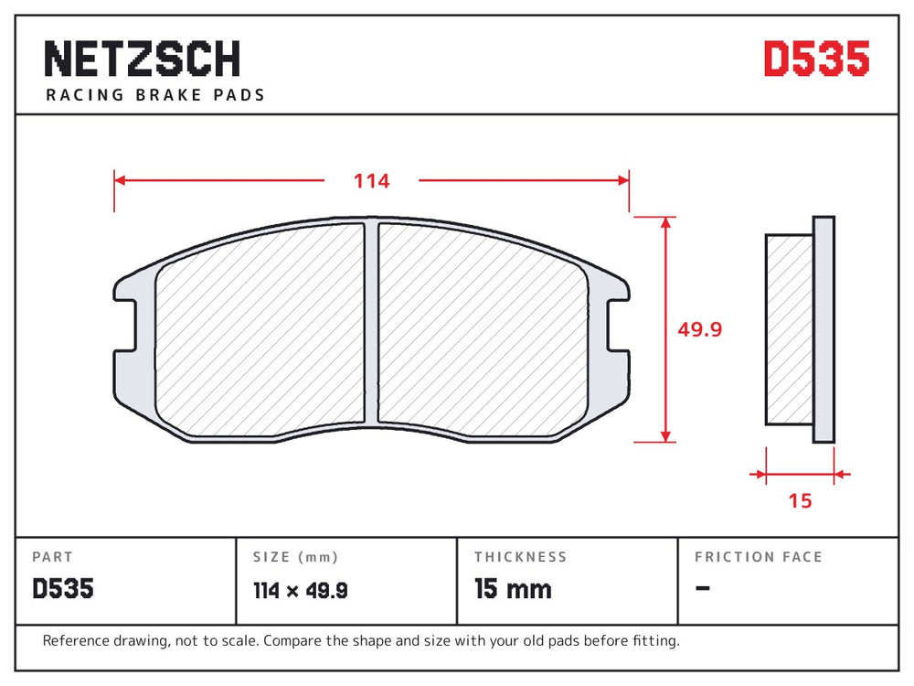NETZSCH D535 brake pad drawing, 15 mm thick