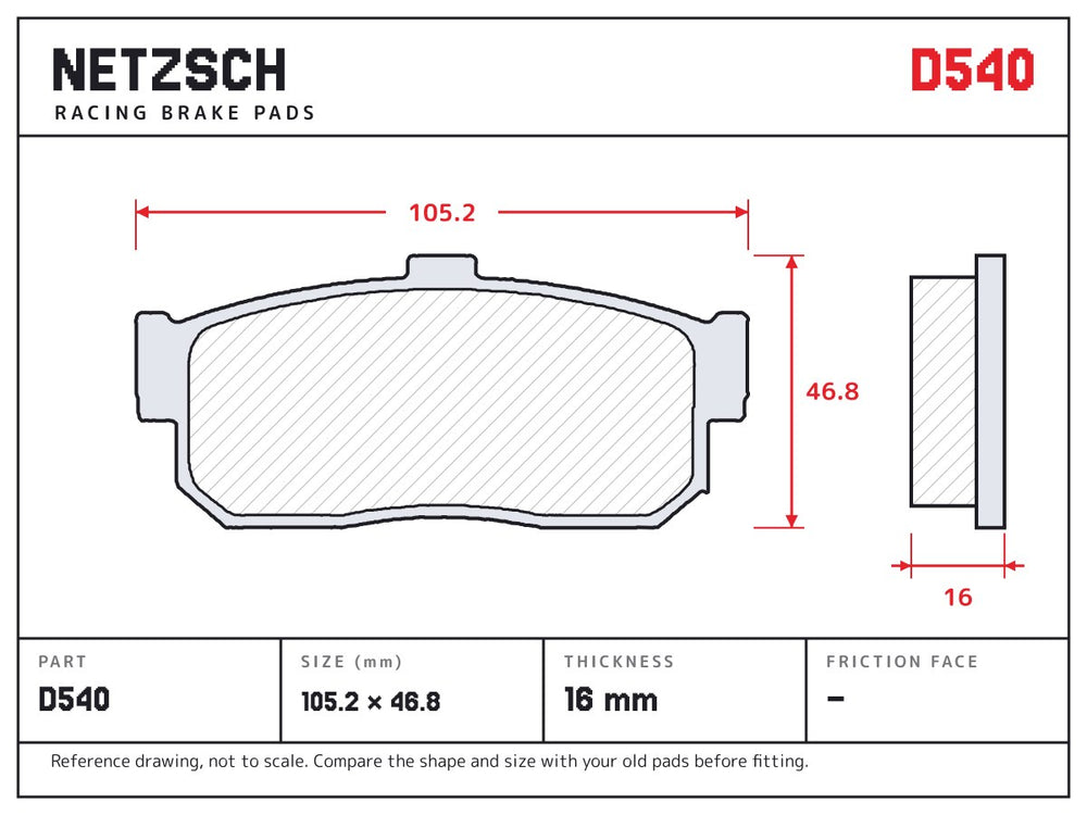 NETZSCH D540 brake pad drawing, 16 mm thick