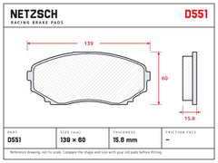 NETZSCH D551 brake pad drawing, 15.8 mm thick