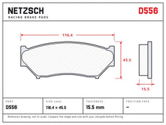 NETZSCH D556 brake pad drawing, 15.5 mm thick