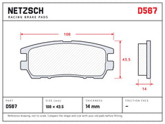NETZSCH D567 brake pad drawing, 14 mm thick