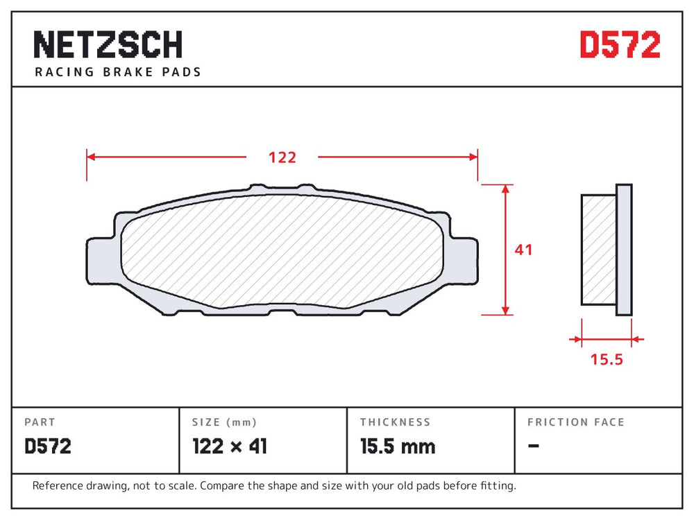 NETZSCH D572 brake pad drawing, 15.5 mm thick