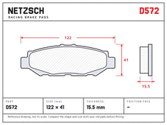 NETZSCH D572 brake pad drawing, 15.5 mm thick