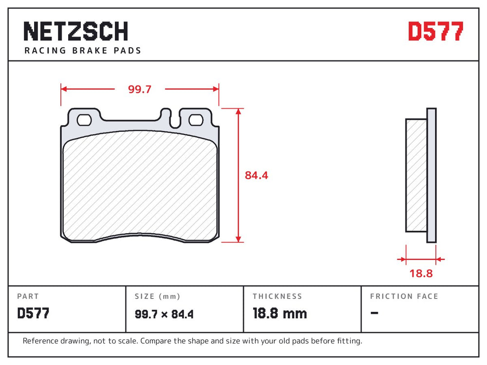 NETZSCH D577 brake pad drawing, 18.8 mm thick