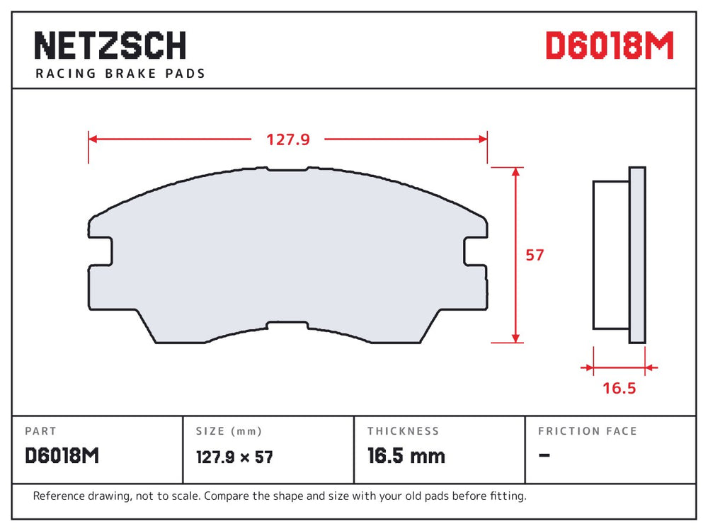 NETZSCH D6018M brake pad drawing, 16.5 mm thick