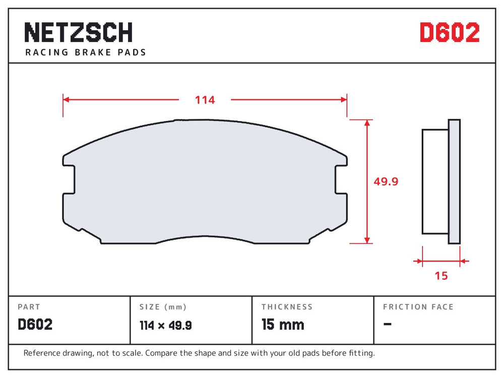 NETZSCH D602 brake pad drawing, 15 mm thick