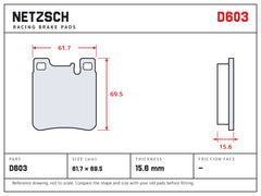 NETZSCH D603 brake pad drawing, 15.6 mm thick