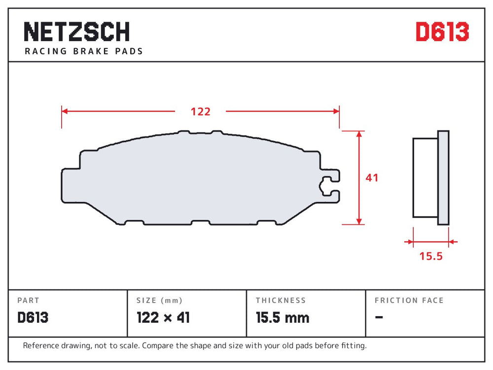 NETZSCH D613 brake pad drawing, 15.5 mm thick