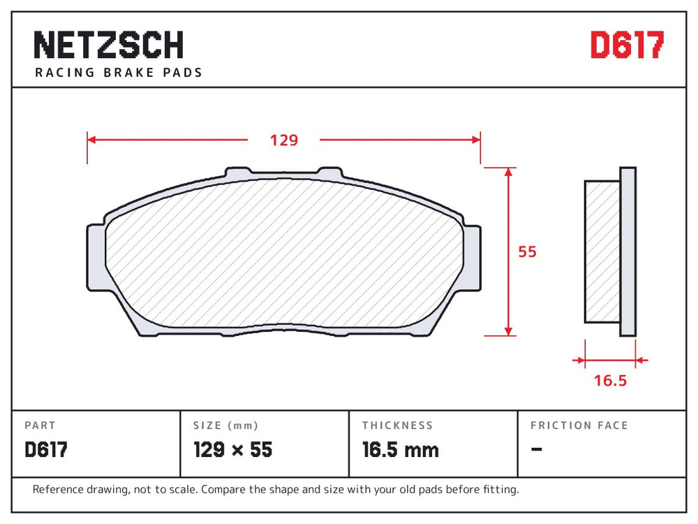 NETZSCH D617 brake pad drawing, 16.5 mm thick