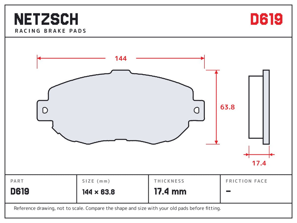 NETZSCH D619 brake pad drawing, 17.4 mm thick