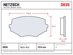NETZSCH D635 brake pad drawing, 13.8 mm thick