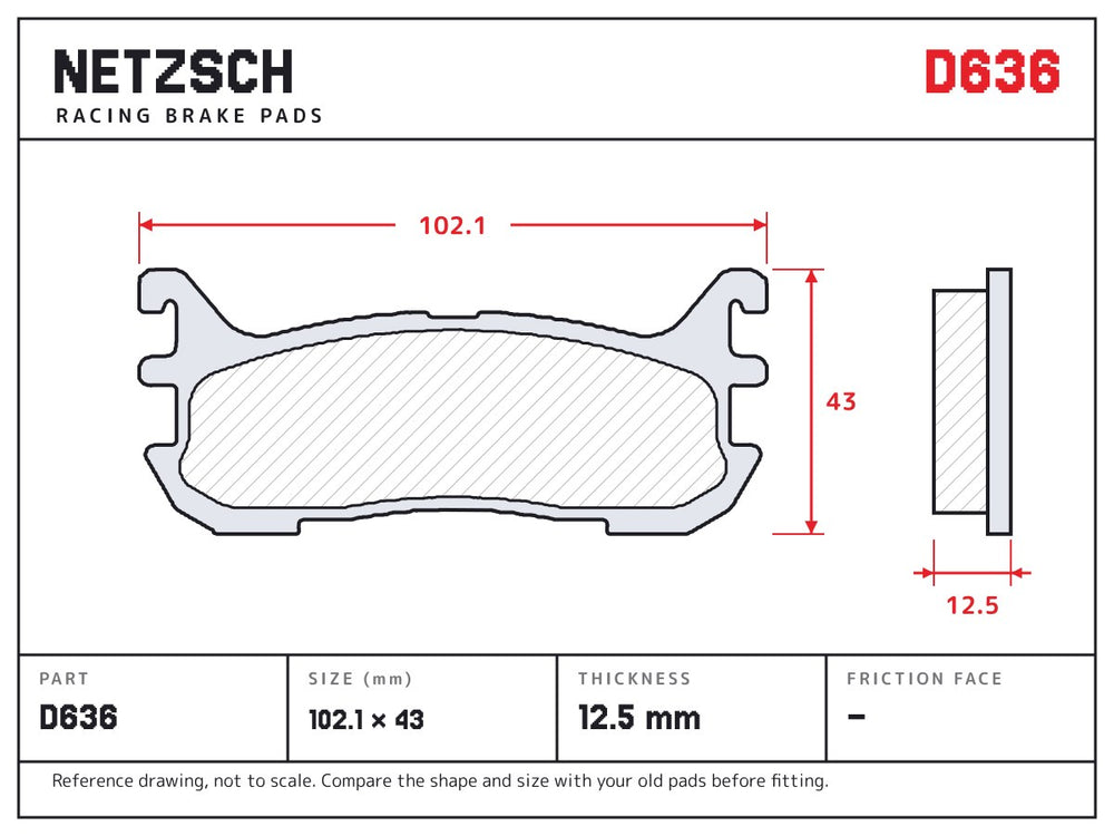 NETZSCH D636 brake pad drawing, 12.5 mm thick