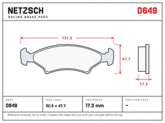 NETZSCH D649 brake pad drawing, 17.3 mm thick