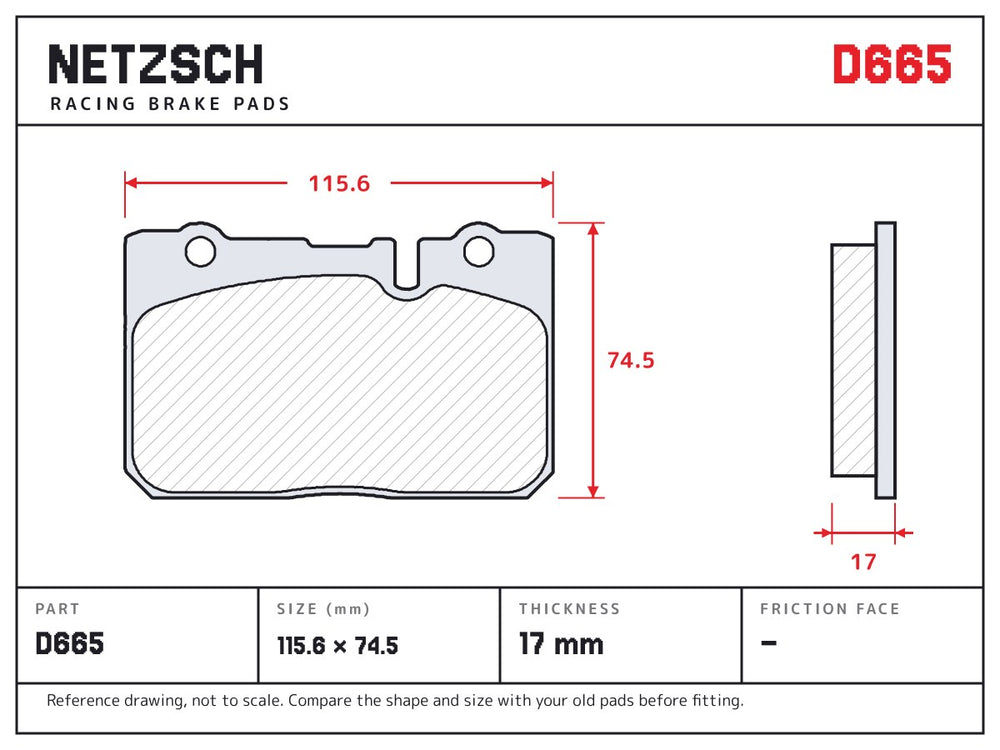 NETZSCH D665 brake pad drawing, 17 mm thick