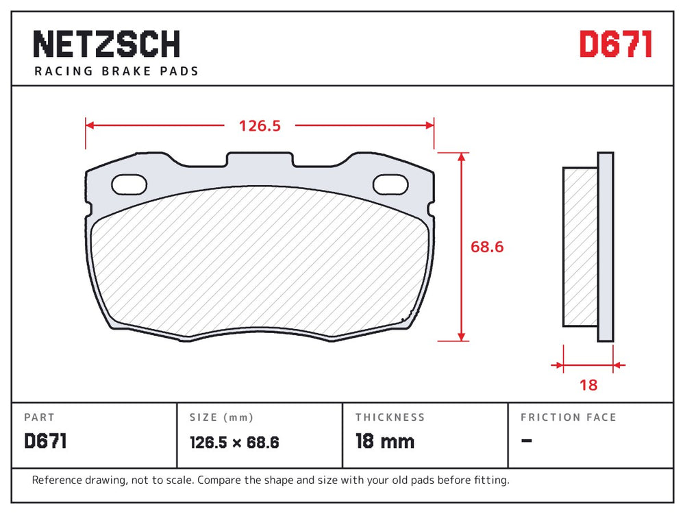 NETZSCH D671 brake pad drawing, 18 mm thick