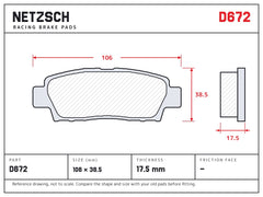 NETZSCH D672 brake pad drawing, 17.5 mm thick