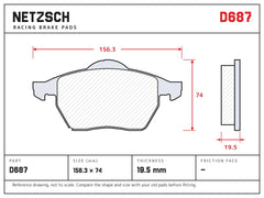 NETZSCH D687 brake pad drawing, 19.5 mm thick