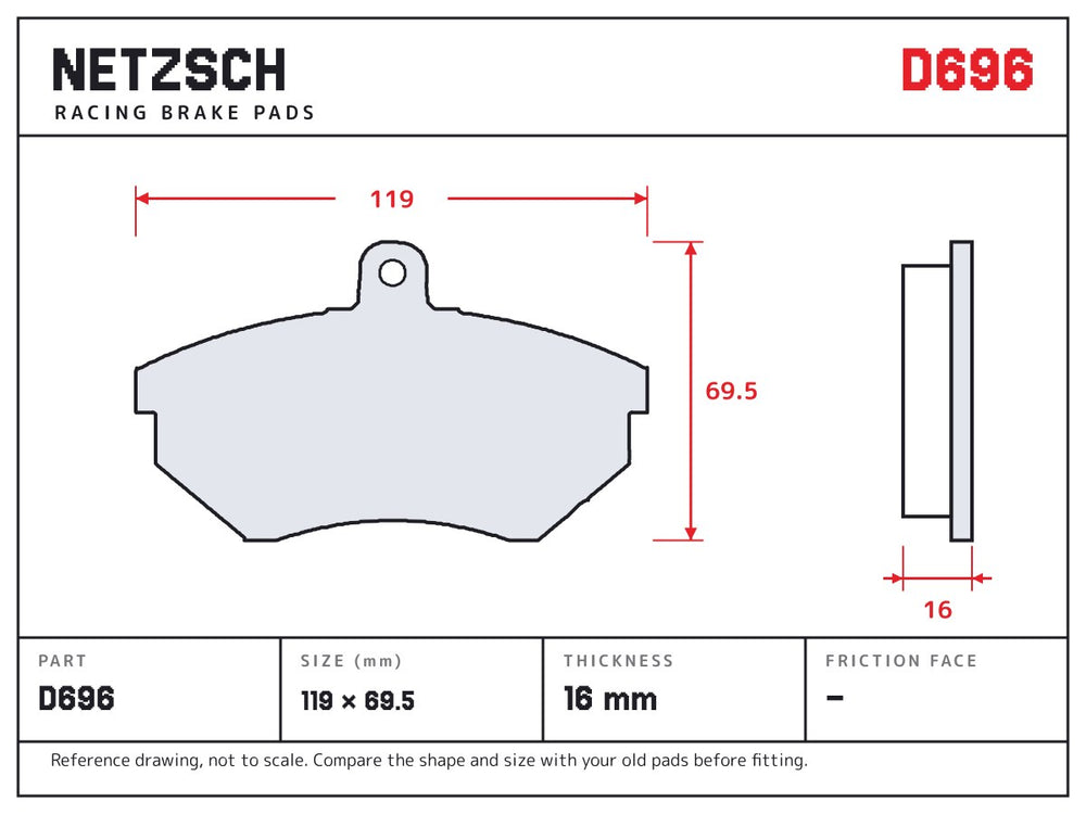 NETZSCH D696 brake pad drawing, 16 mm thick