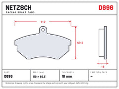 NETZSCH D696 brake pad drawing, 16 mm thick
