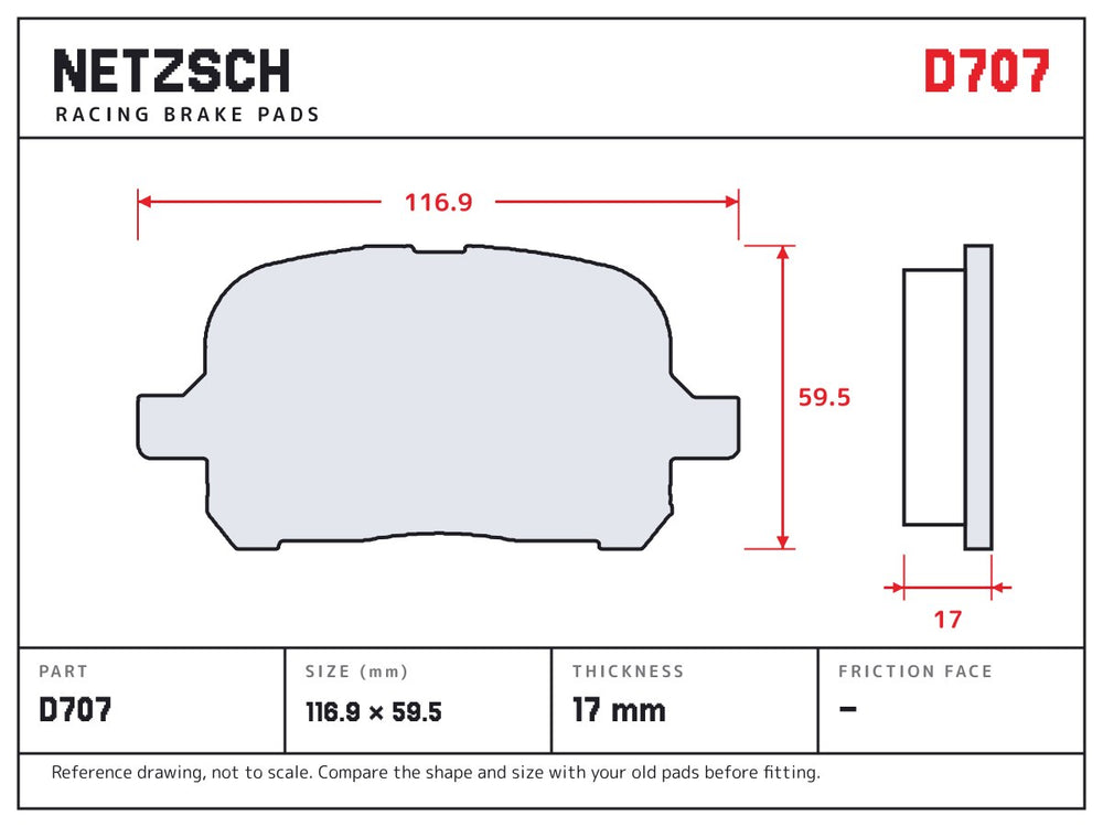 NETZSCH D707 brake pad drawing, 17 mm thick