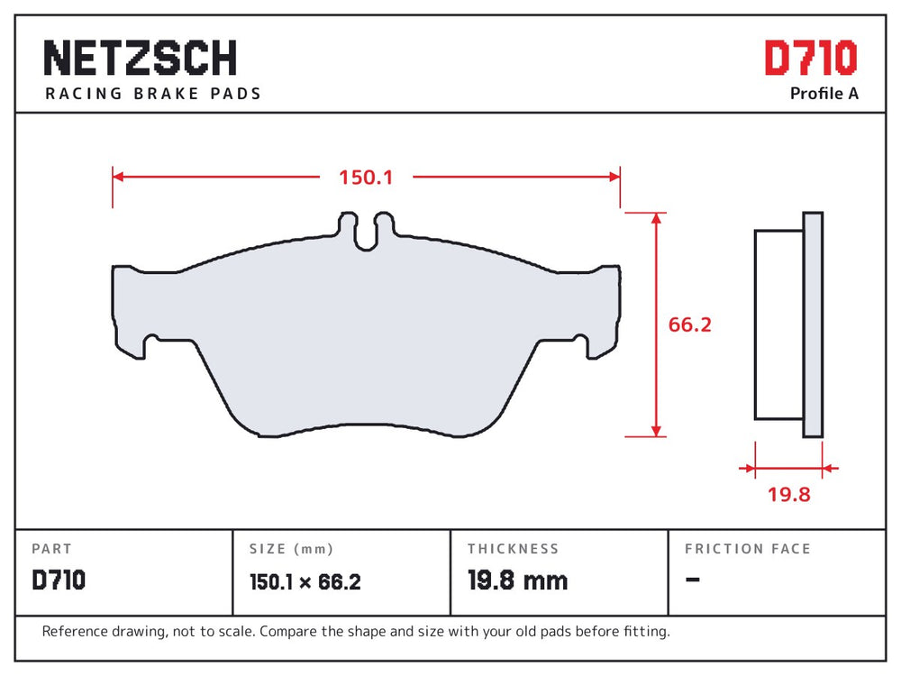 NETZSCH D710 brake pad drawing, 19.8 mm thick