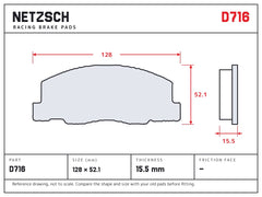 NETZSCH D716 brake pad drawing, 15.5 mm thick
