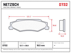 NETZSCH D732 brake pad drawing, 16.5 mm thick