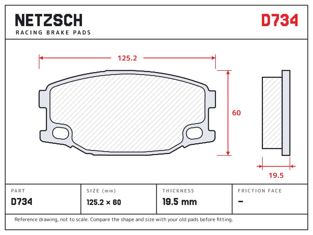 NETZSCH D734 brake pad drawing, 19.5 mm thick