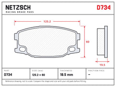 NETZSCH D734 brake pad drawing, 19.5 mm thick
