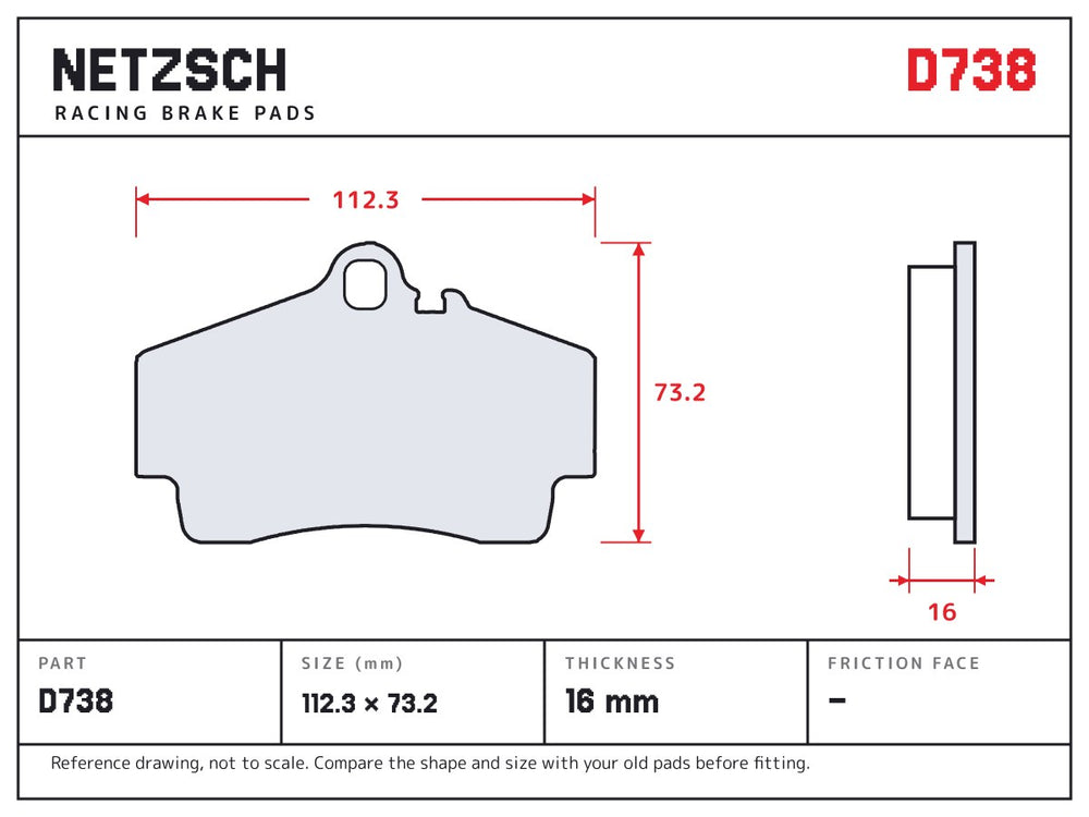 NETZSCH D738 brake pad drawing, 16 mm thick