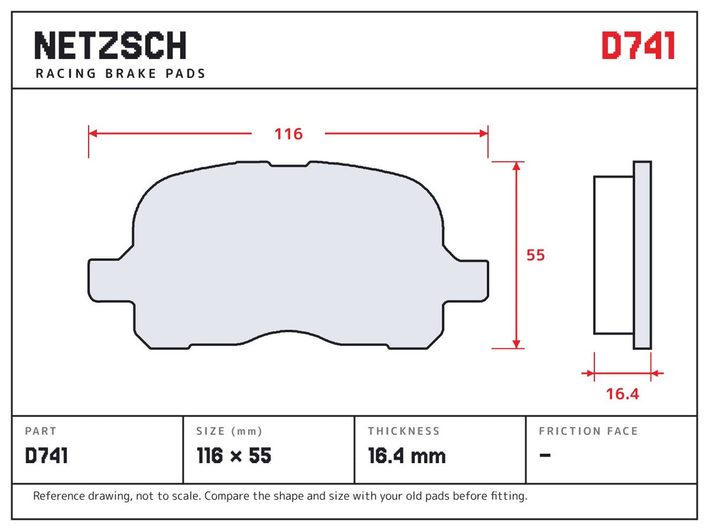 NETZSCH D741 brake pad drawing, 16.4 mm thick