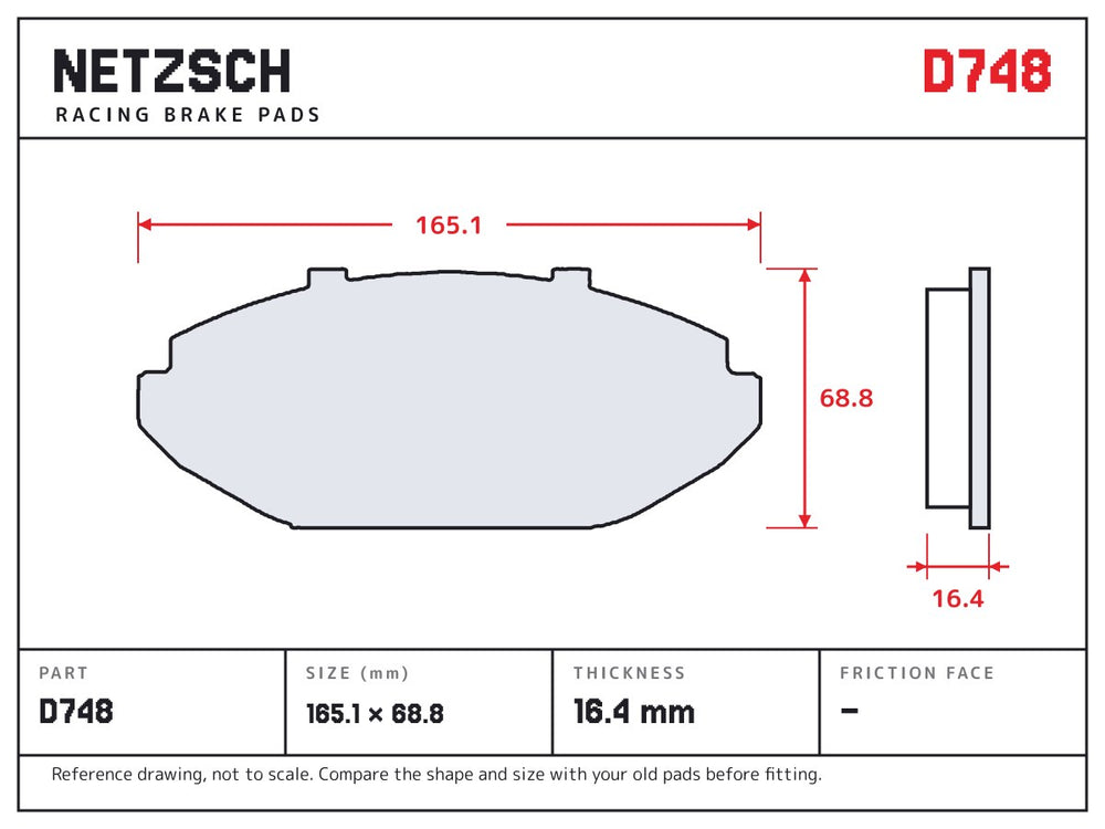 NETZSCH D748 brake pad drawing, 16.4 mm thick