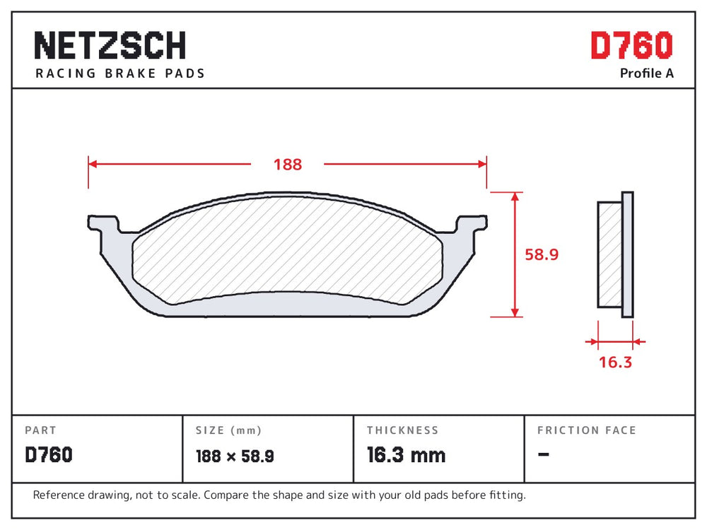 NETZSCH D760 brake pad drawing, 16.3 mm thick
