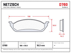 NETZSCH D760 brake pad drawing, 16.3 mm thick