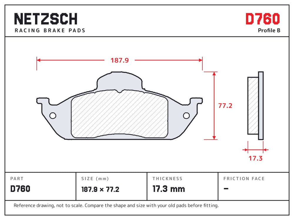 NETZSCH D760 brake pad drawing, 17.3 mm thick